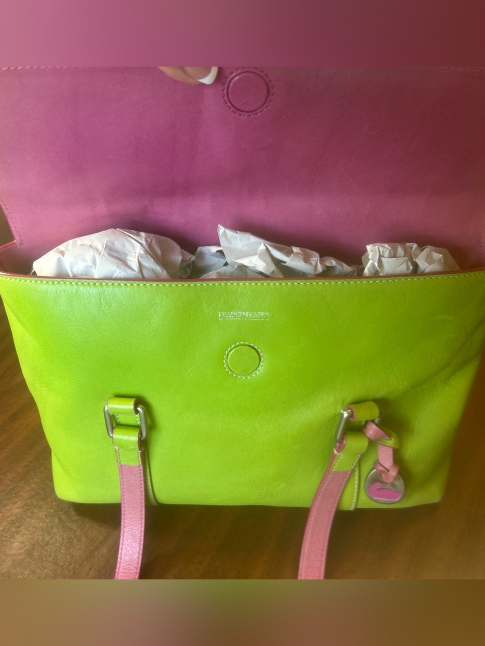 Dooney & Bourke Lime Heart Buckle Green & Pink Trim Shoulder Bag VTG - Picture 5 of 16